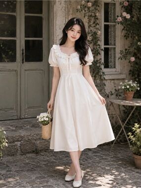 Elegant White Puff-Sleeve Midi Dress